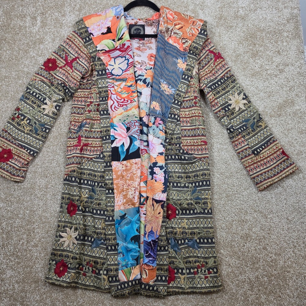 Biya Johnny Was Jacket Patchwork Floral Embroidered Boho Hooded Coat‎ Medium